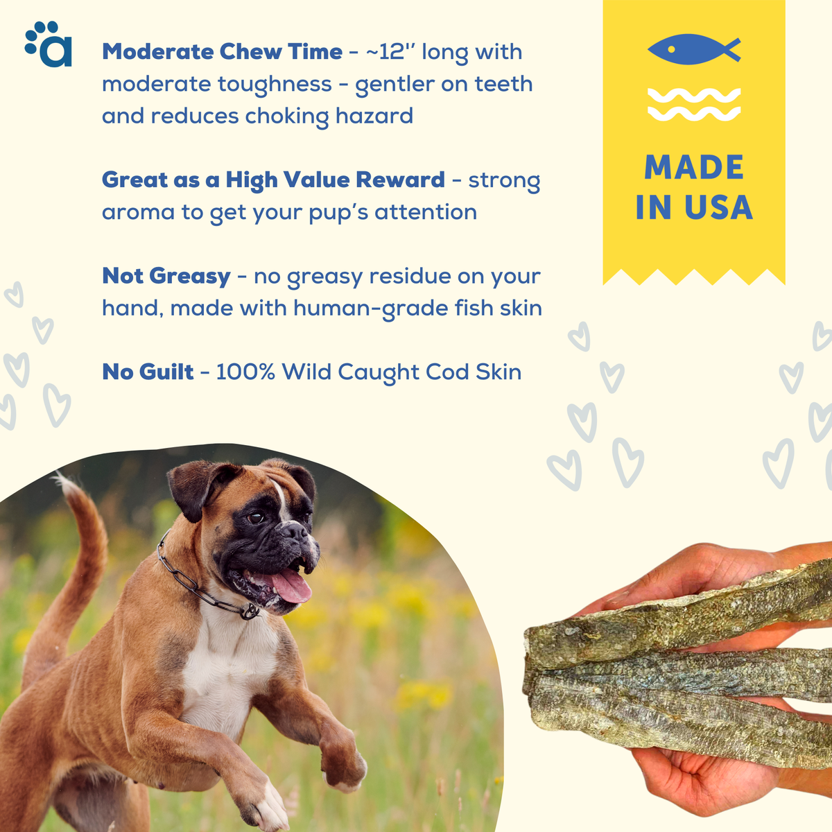 Wild Caught Cod Skin Chews- Natural Alternative to Rawhides - Long Lasting Dog Treats